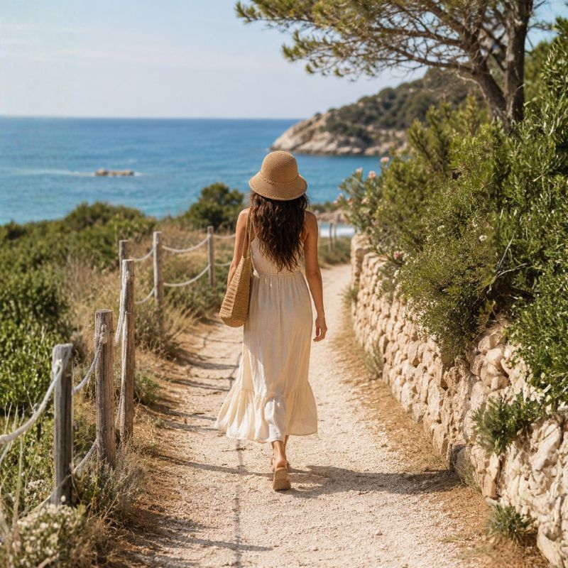 Woman in a white dress and hat walking along a path by the sea.-Designs by Berniemae