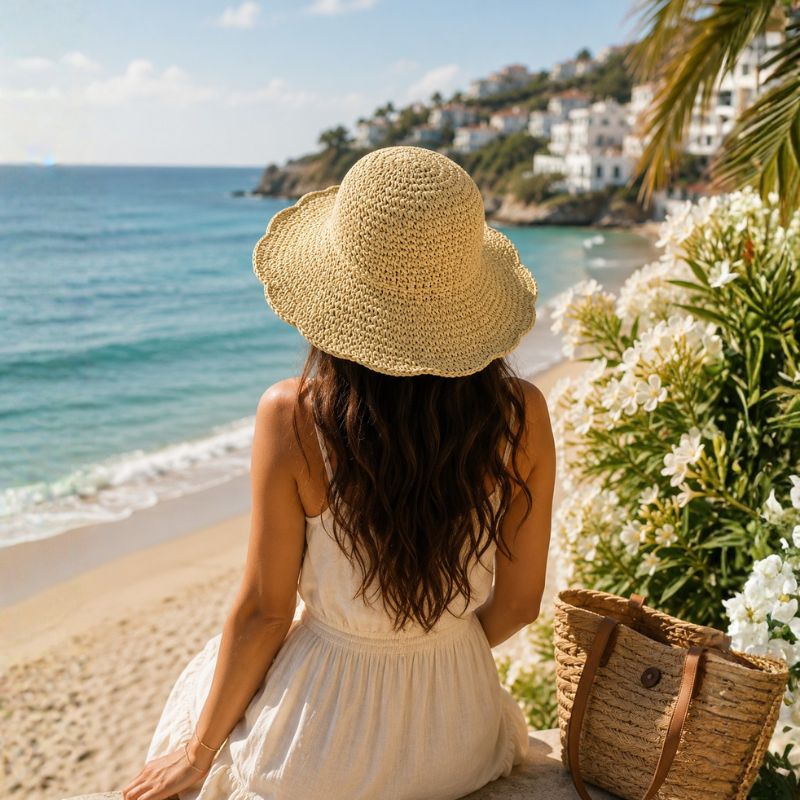 Woman in a white dress and straw hat sitting on a beach with ocean and buildings in the background-Designs by Berniemae
