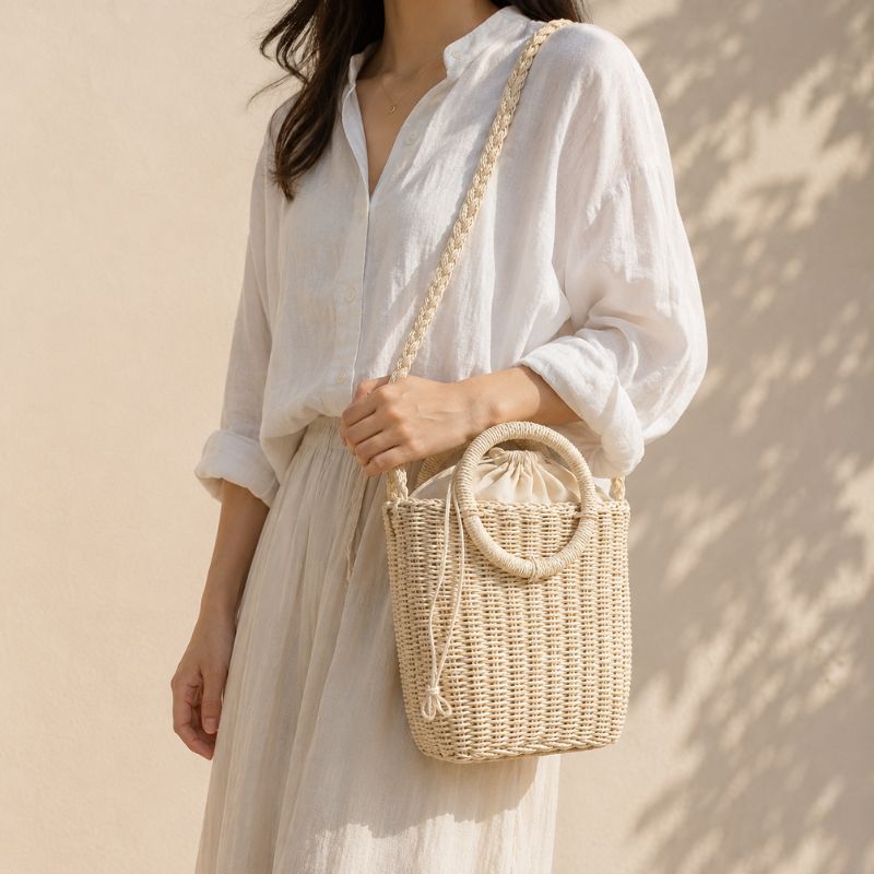 Woman holding a woven handbag against a beige background