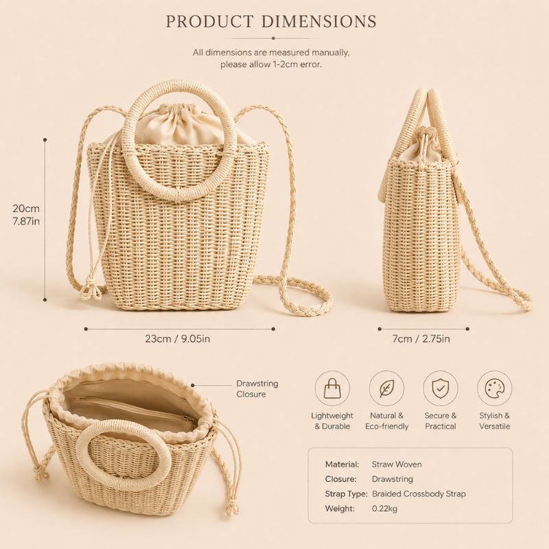 Woven handbag with dimensions and features on a beige background