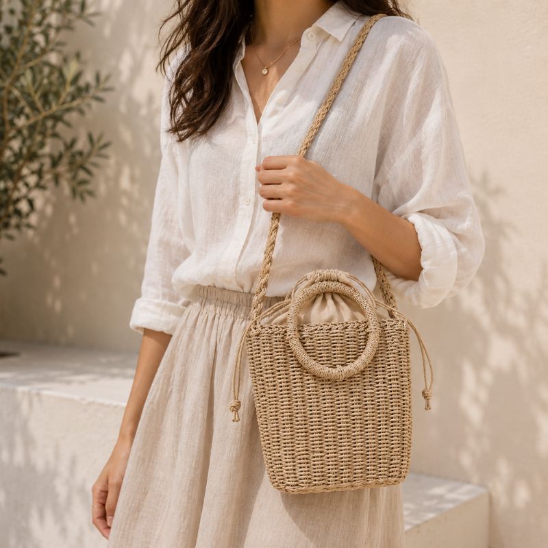 Person wearing a white shirt and beige pants, holding a woven handbag.