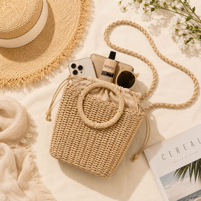 Woven handbag with phone, bottle, and sunglasses on a soft surface with a hat and magazine.