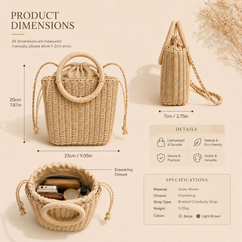 Woven handbag with dimensions and details on a beige background