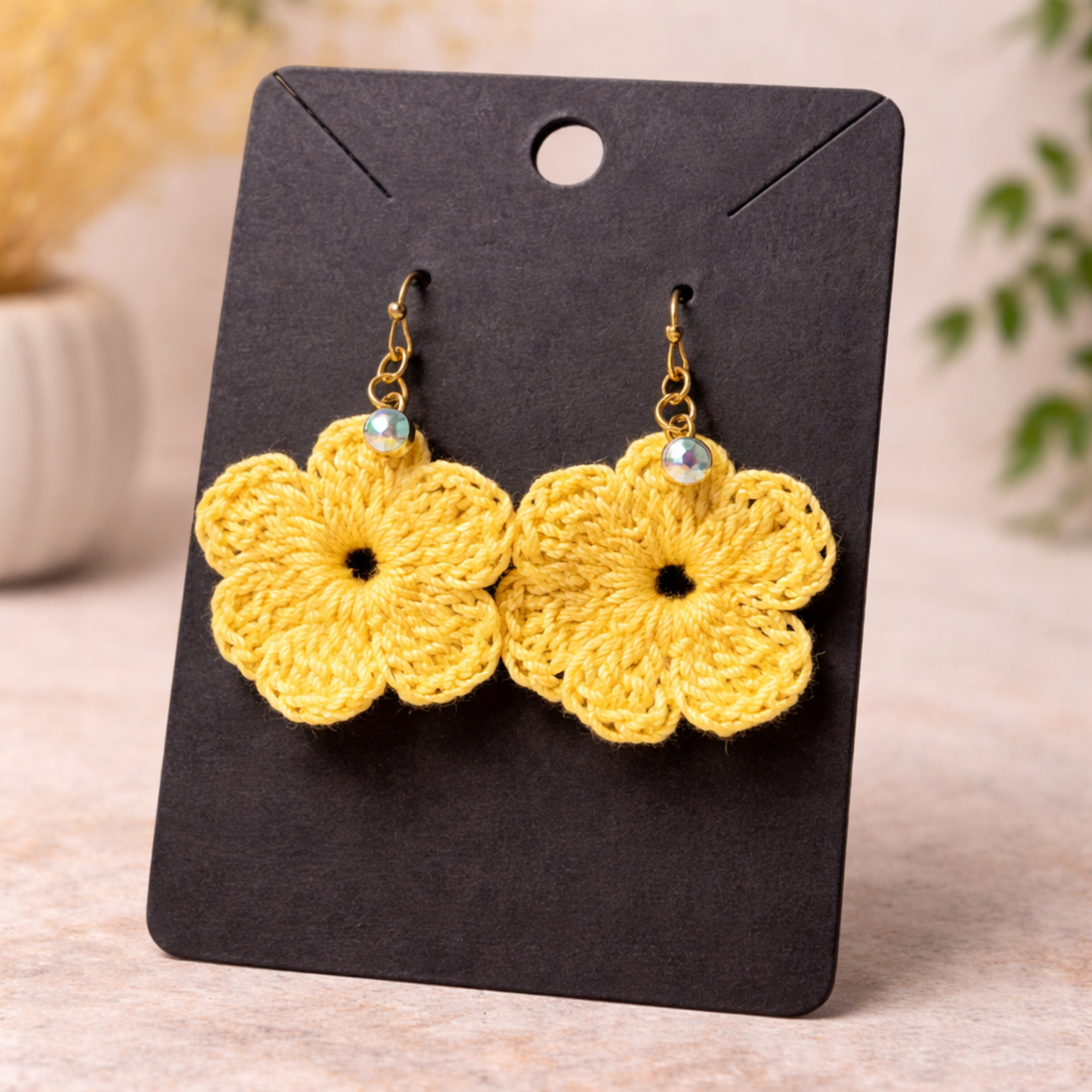 Yellow Crochet Flower Earrings with Crystal Charm