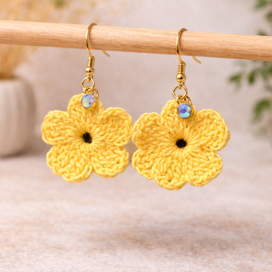 Yellow Crochet Flower Earrings with Crystal Charm