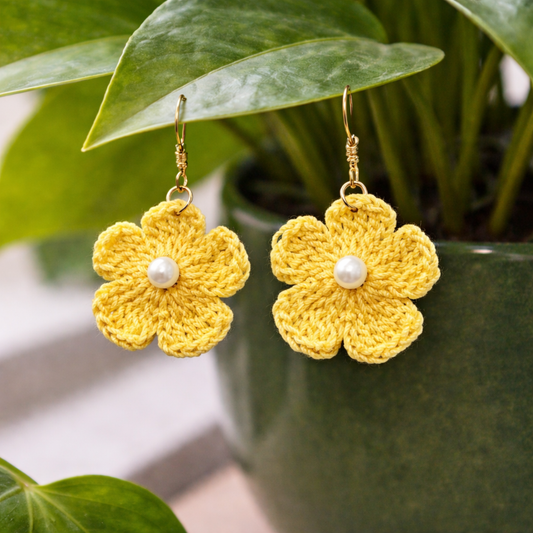 Yellow Crochet Flower Earrings with Pearl