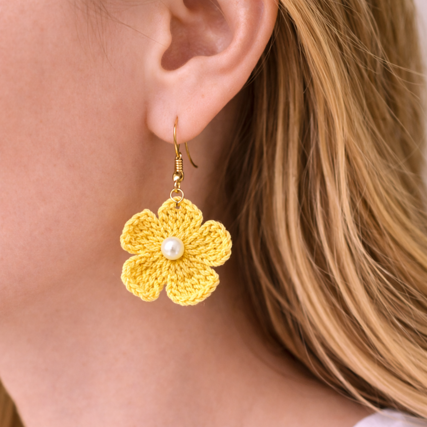 Yellow Crochet Flower Earrings with Pearl