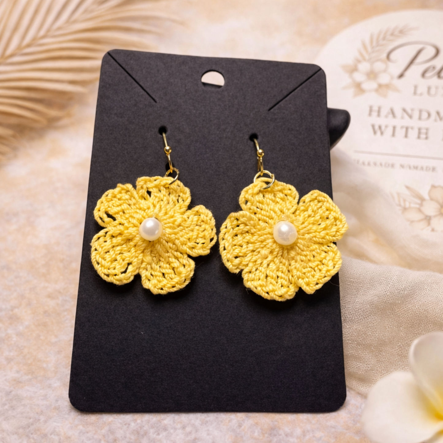 Yellow Crochet Flower Earrings with Pearl