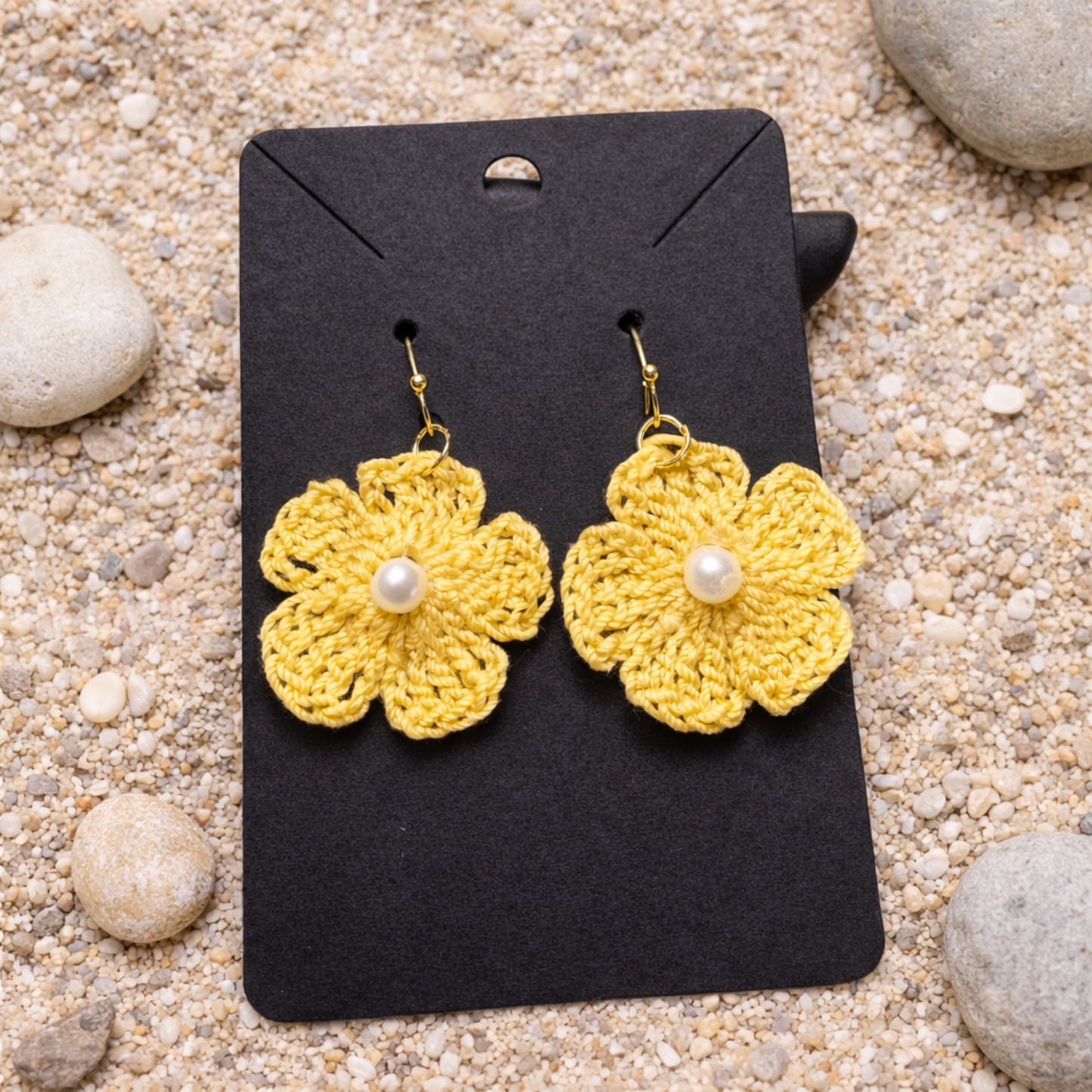 Yellow Crochet Flower Earrings with Pearl