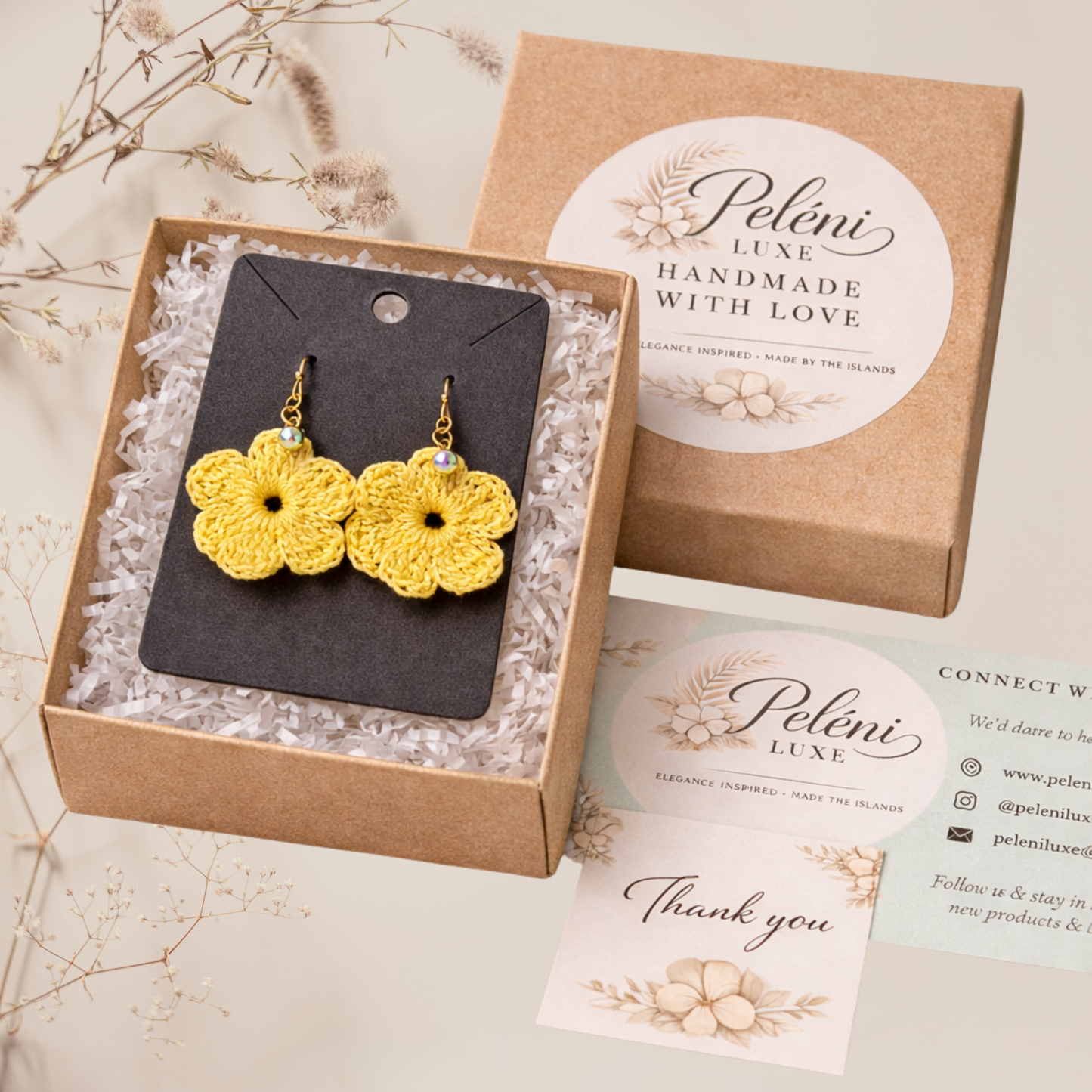 Yellow Crochet Flower Earrings with Crystal Charm