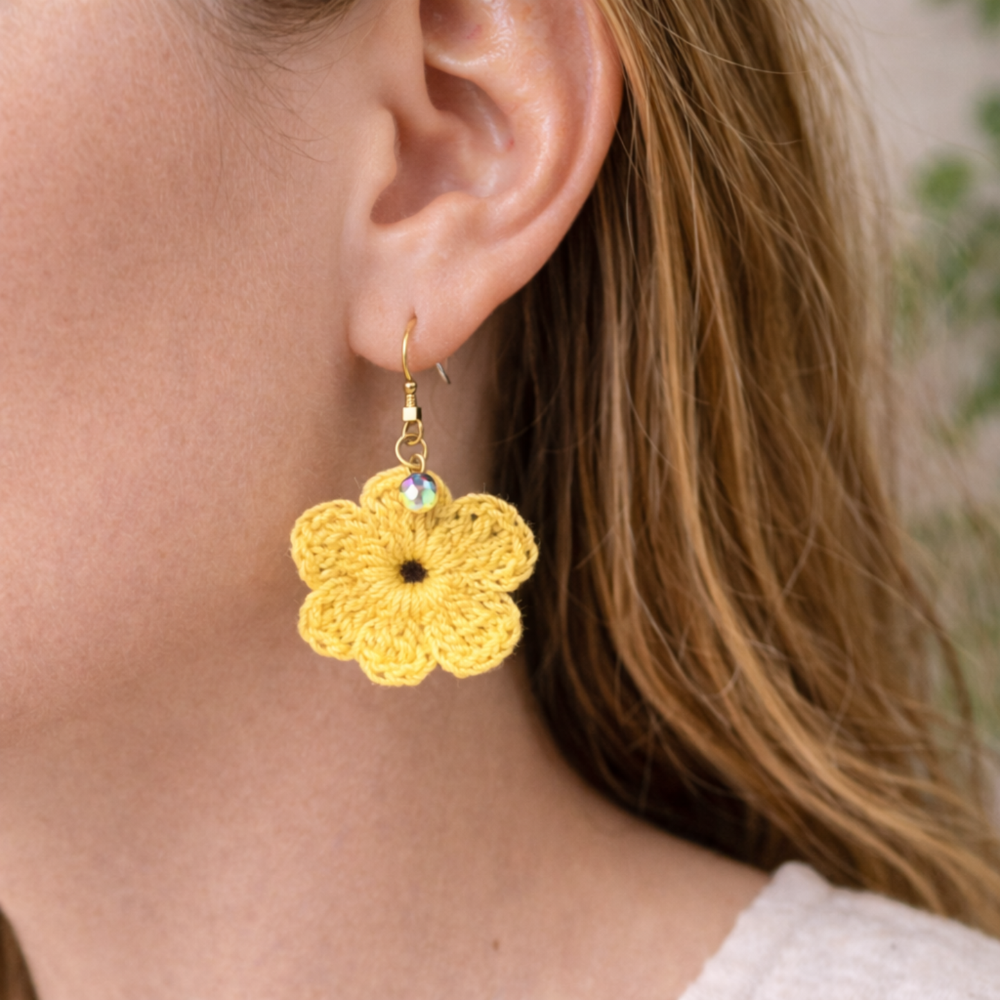 Yellow Crochet Flower Earrings with Crystal Charm