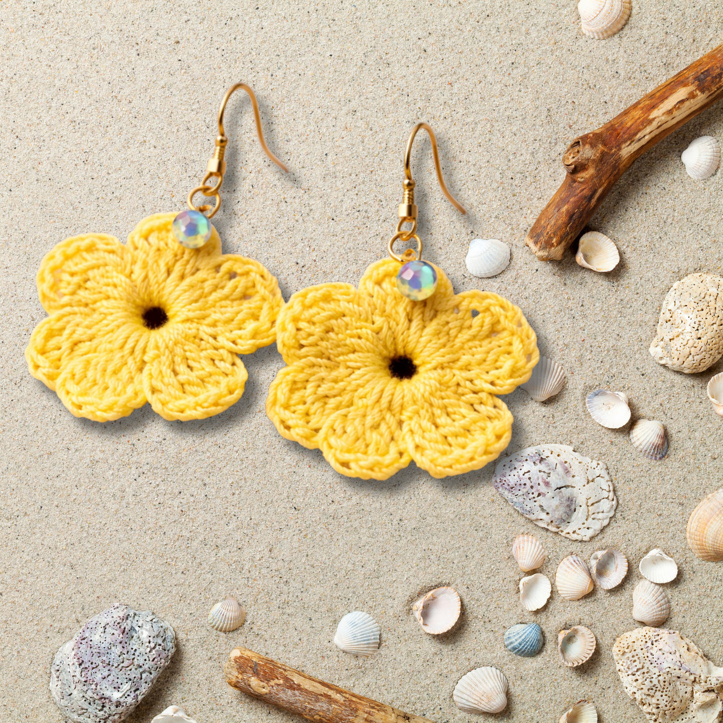 Yellow Crochet Flower Earrings with Crystal Charm
