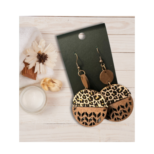 Leopard Chic: Round Wooden Dangle Earrings
