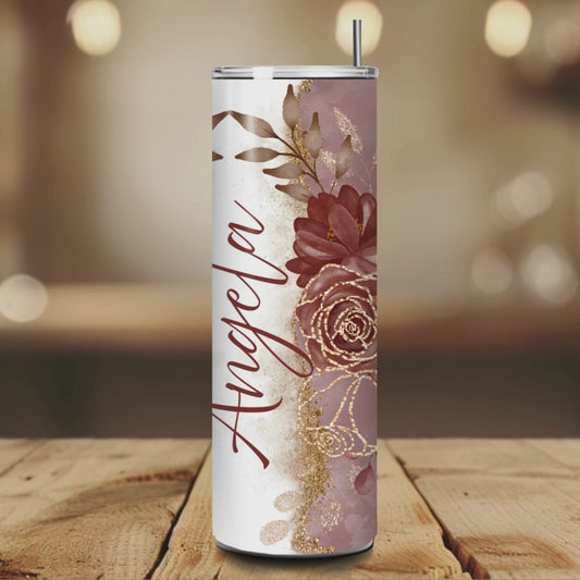 Personalized Glitter Floral Tumbler – Custom Name 20oz Stainless Steel
