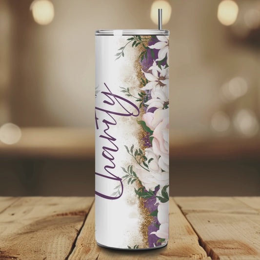 Personalized Purple Gold Floral Skinny Tumbler