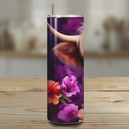 Highland Cow Tropical Floral Stainless Steel Tumbler – 20oz