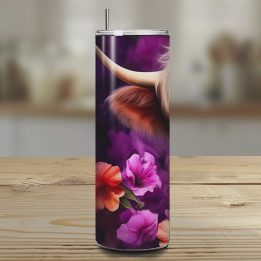 Highland Cow Tropical Floral Stainless Steel Tumbler – 20oz