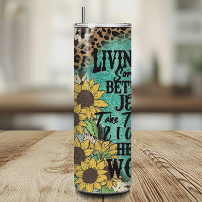 Stay hydrated and faithful with the Living Life between Jesus Tumbler. This durable and stylish tumbler is perfect for taking on the go and will keep your drink at the perfect temperature. A fun and quirky reminder to always keep Jesus by your side (and your favorite beverage too!).