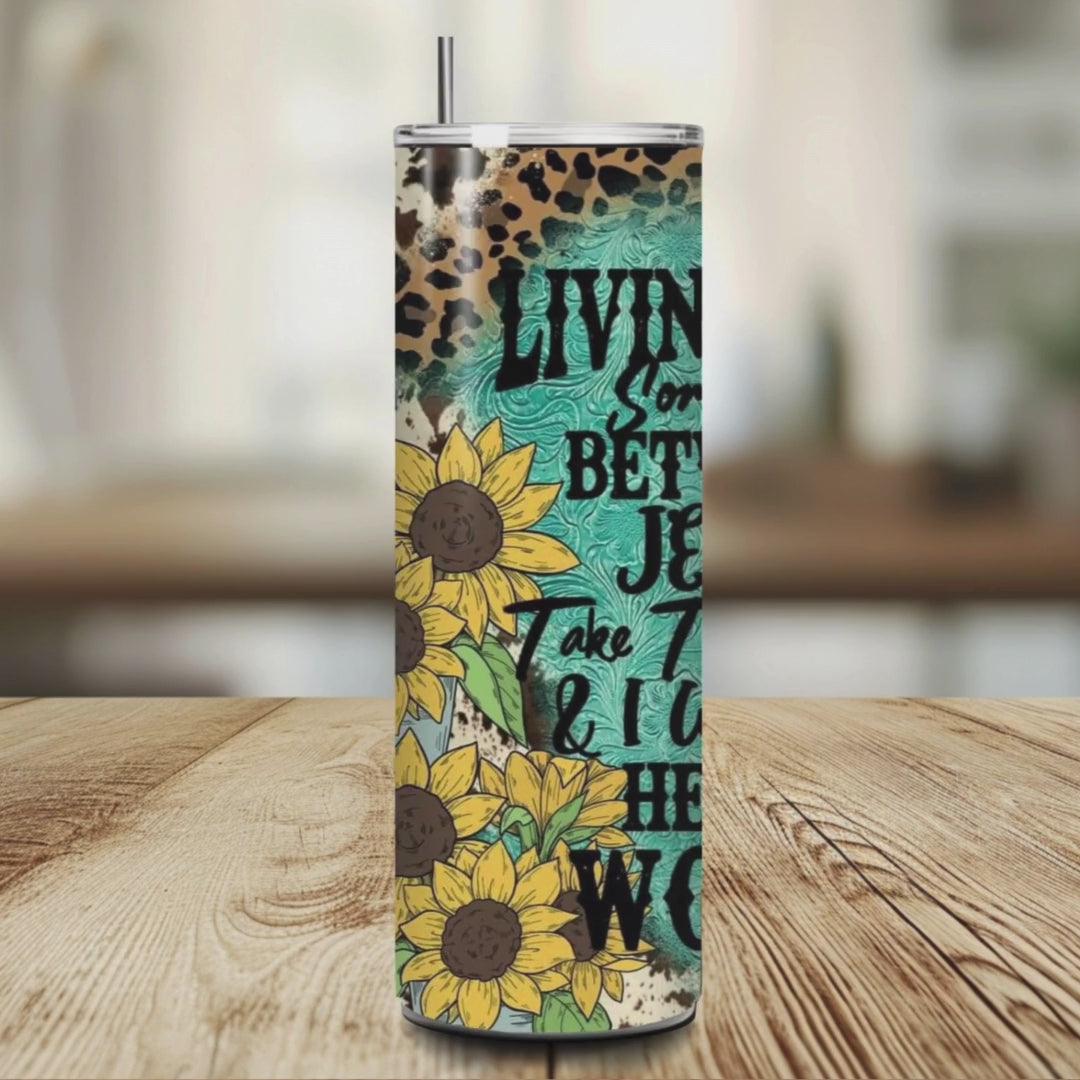 Stay hydrated and faithful with the Living Life between Jesus Tumbler. This durable and stylish tumbler is perfect for taking on the go and will keep your drink at the perfect temperature. A fun and quirky reminder to always keep Jesus by your side (and your favorite beverage too!).