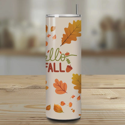 Hello Fall 20oz Skinny Tumbler – Autumn Leaves Design