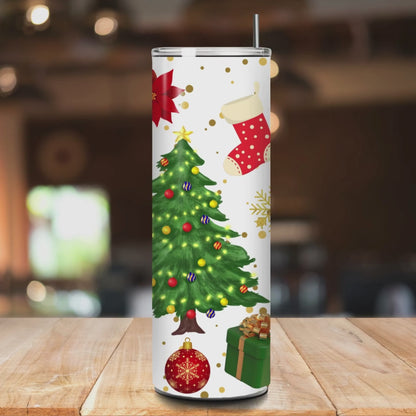 Christmas 20oz Skinny Tumbler – Holiday Tree & Gift Pattern • Insulated Stainless Steel Cup with Straw
