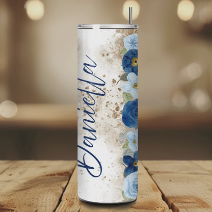 Personalized Blue Floral 20oz Skinny Tumbler with Straw