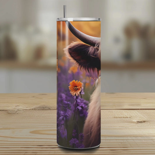 Highland Cow Wildflower Stainless Steel Tumbler – 20oz